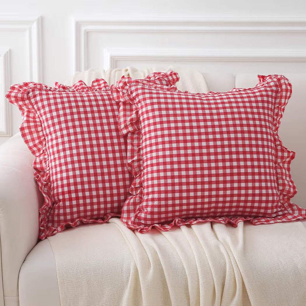 2 Pack Red White Plaid Throw Pillow Covers, 100% Washed Cotton Pillow Shams, 18''x18''
        Ch... | Amazon (US)