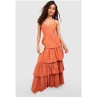 Womens V Neck Tiered Linen Maxi Dress - Orange - 14 | boohoo (US & Canada)