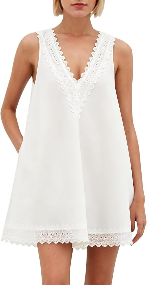 Dsewpaur Women\u2019s Sleeveless V Neck Mini Dress Babydoll Lace Trim Flowy Summer Causal Lounge ... | Amazon (US)