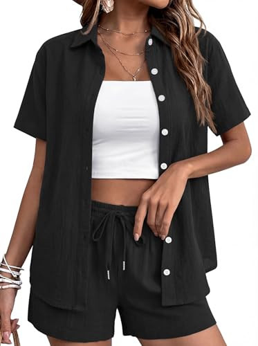 Rapbin Women 2 Piece Workout Linen Sets Two Piece Business Button Down Short Sleeve Shirts Sets Fashion Going Out Outfits Black S | Amazon (US)