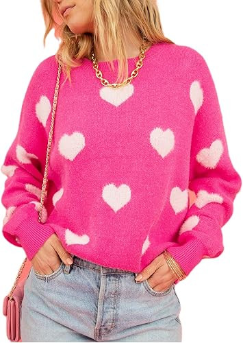 Valentine's Day Heart Sweater for Women Cute Love Shape Sweatshirt Casual Crewneck Valentine Shir... | Amazon (US)