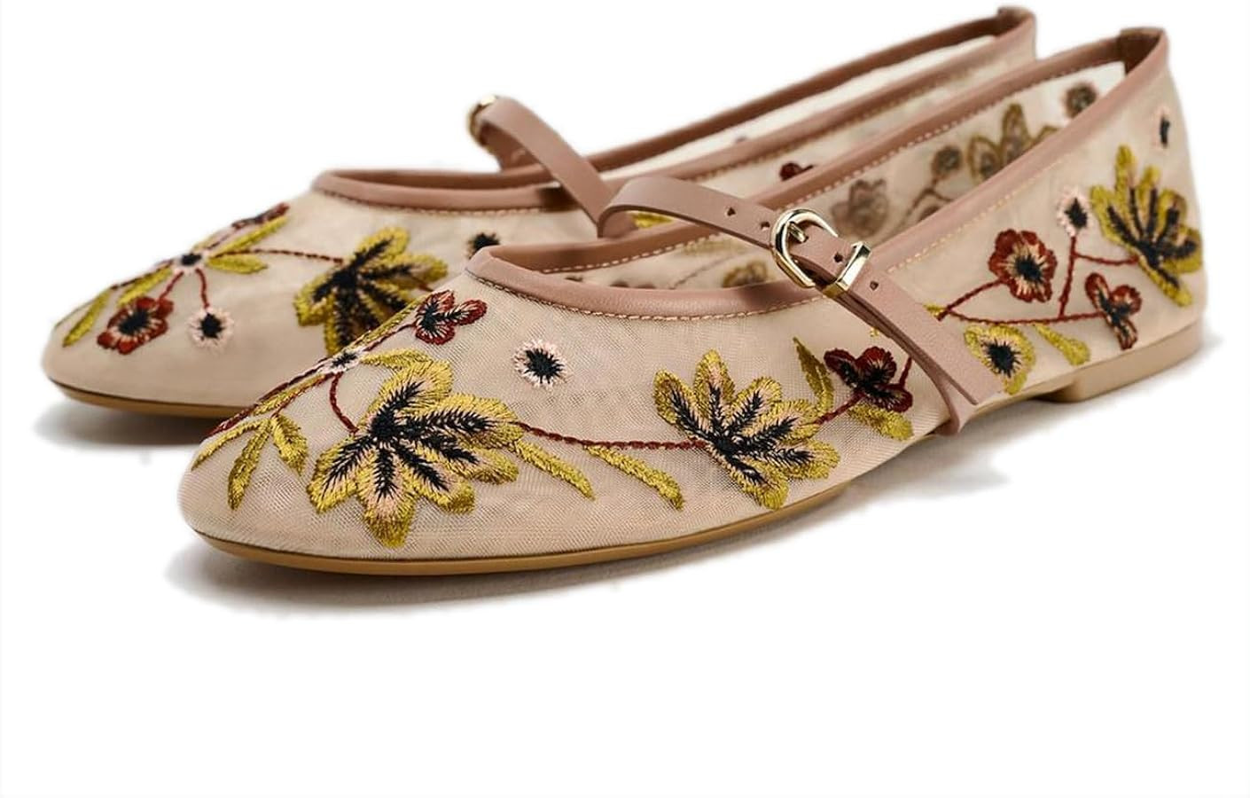 Mesh Ballet Flats for Women Embroidered Floral Mary Jane Flats Round Toe Slip On Ballerina Shoes ... | Amazon (US)