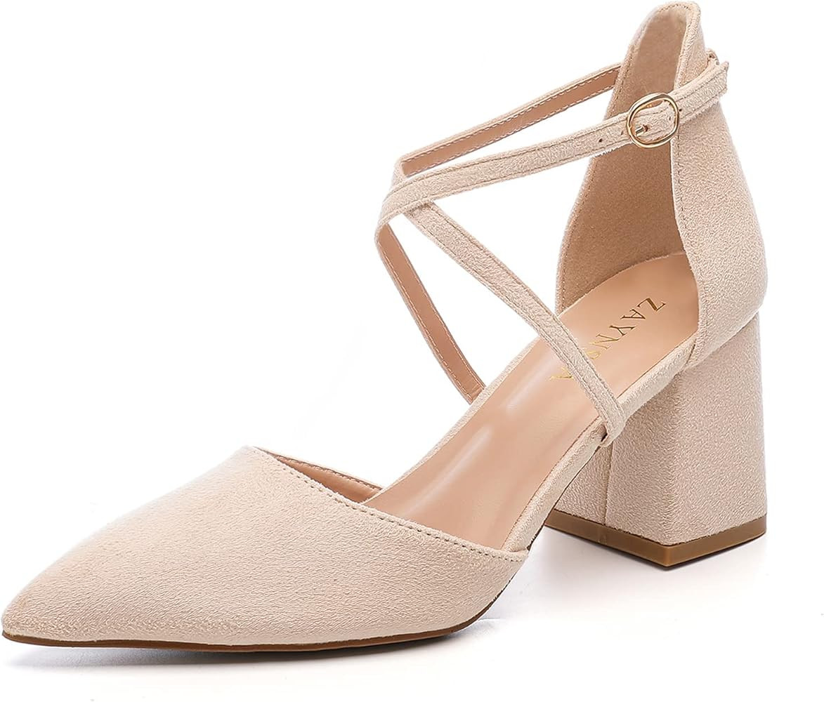 ZAYNSIA Women’s Chunky Heels Closed Pointed Toe Pumps Crossed Ankle Strap Comfortable Block Heels Dr | Amazon (US)