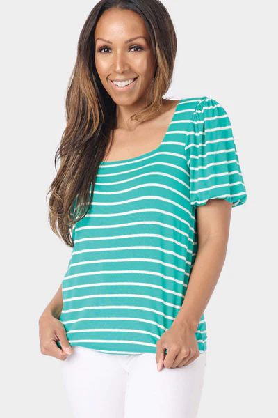 Square Neck Puff Sleeve Striped Top | Gibson