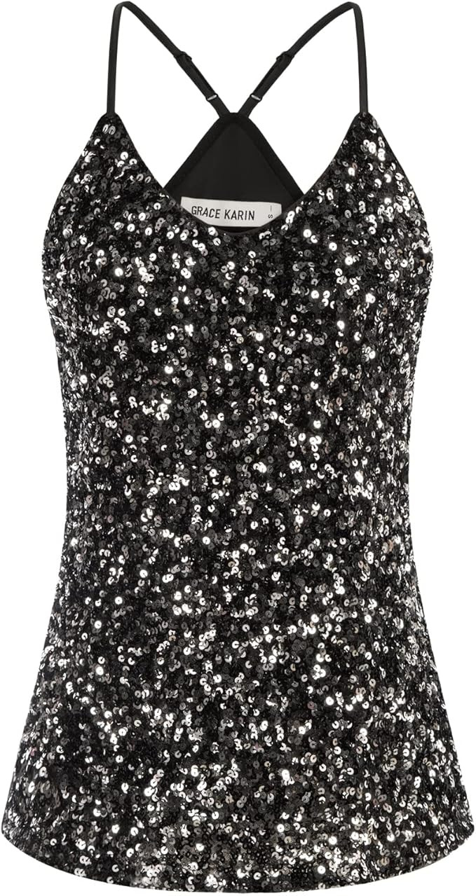 GRACE KARIN Women's Sleeveless Sparkle Shimmer Camisole Vest Sequin Tank Tops | Amazon (US)