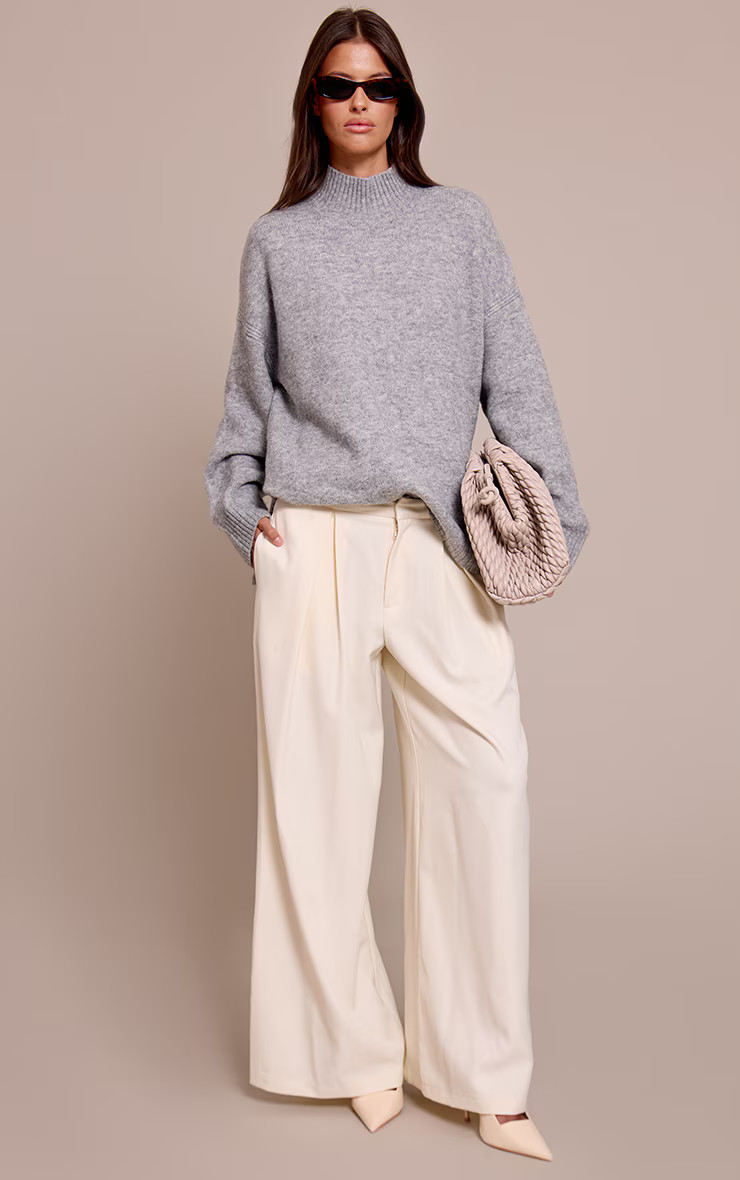 Light Grey Marl Oversized Polo Neck Knitted Jumper | Knitwear | PrettyLittleThing UK