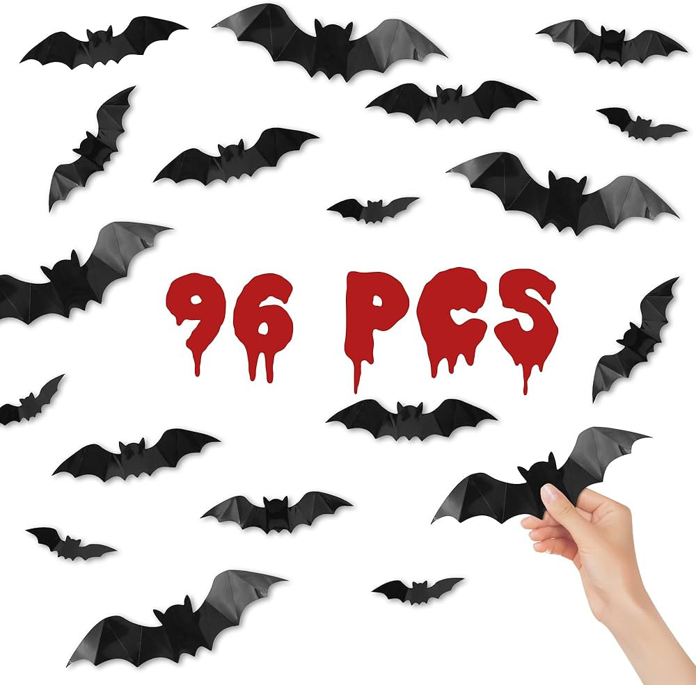 SUNETARY Bats Wall Decor,96 Pcs 3D Bat Halloween Decoration Stickers for Home Decor 4 Size Waterp... | Amazon (US)