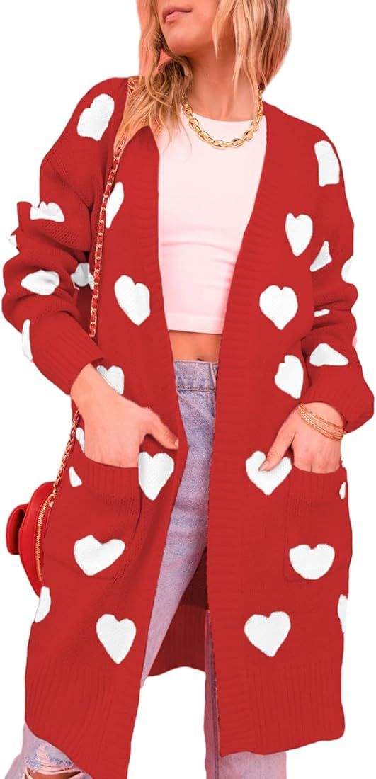 Women Valentines Day Heart Sweater Cardigan Long Sleeve Open Front Casual Loose Knit Sweater Oute... | Amazon (US)