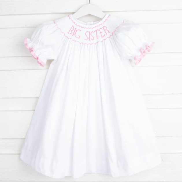 Big Sister Smocked Bishop Dress White with Pink | Classic Whimsy
