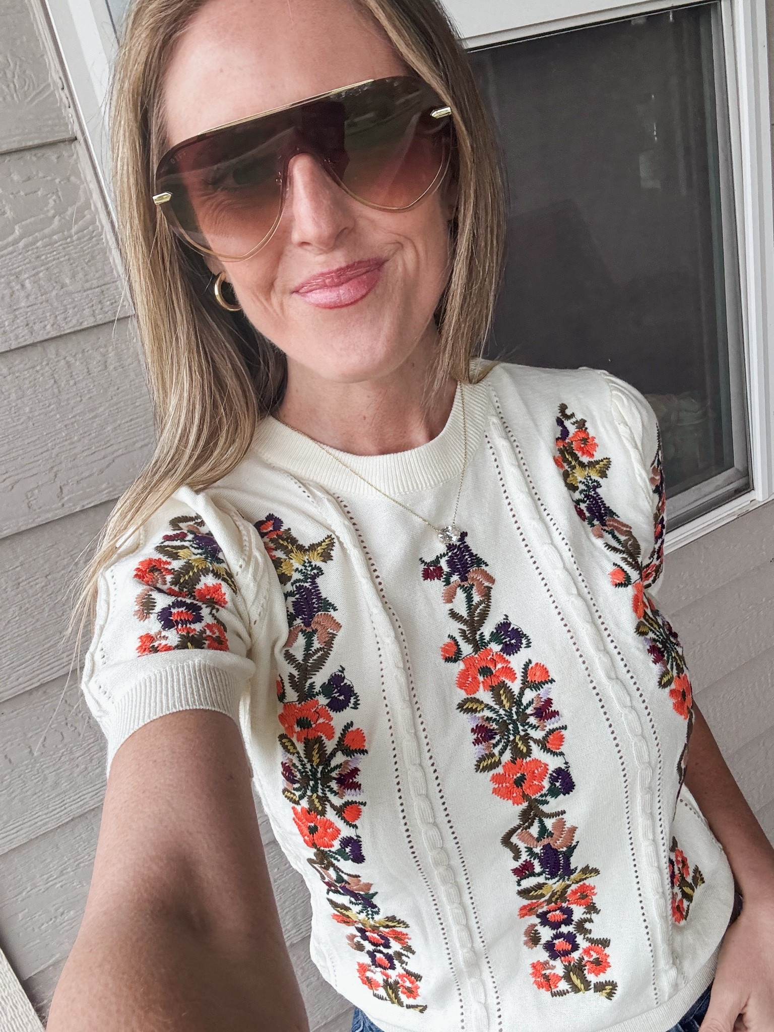 Wearing this look on repeat! 🙌🏻 This floral print embroidered sweater is absolutely adorable and have it paired here with barrel jeans, sandals and Diff sunglasses! 😎 Wearing a small in the sweater and 2 in the barrel jeans.

As an Amazon Influencer I earn commission on qualifying purchases.

Cute spring tops, mom style, barrel jeans, trendy sunglasses, spring outfit idea, summer fashion, summer short sleeved sweater, floral print sweater

#LTKOver40 #LTKMidsize #LTKootd