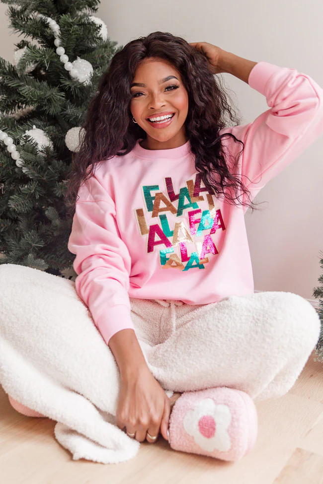 Falalala Sequins Patch Light Pink Oversized Graphic Sweatshirt | Pink Lily