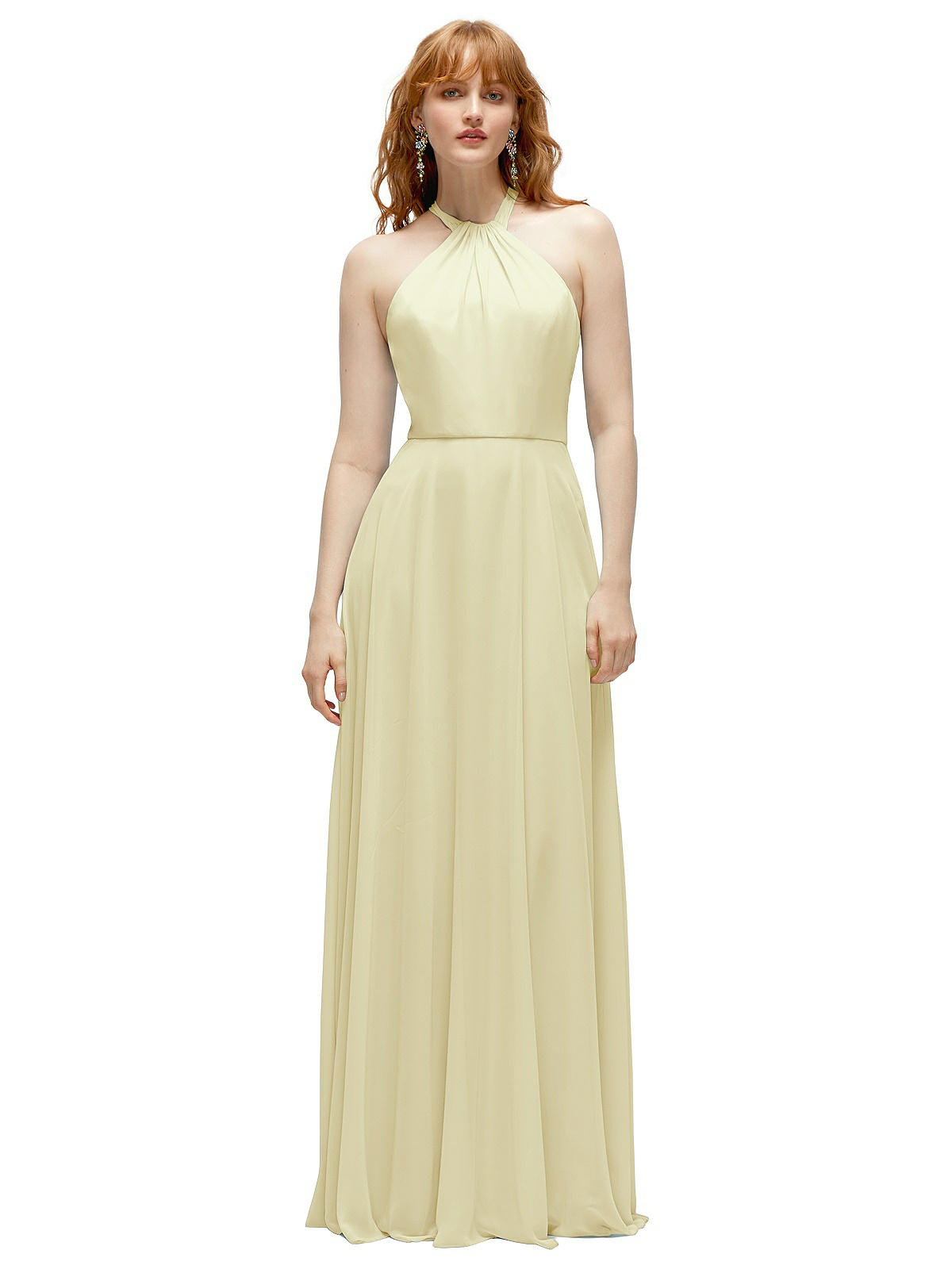 Shirred Halter Chiffon Maxi Dress with Back Sash-Tie Closure in Butter Yellow | The Dessy Group