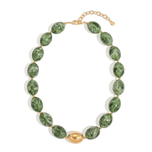 MYCUTEY Green Beaded Choker Necklace for Women Adjustable Green Oval Beaded Neckalces with Gold Accents Chunky Boho Statement Necklace Trendy Summer Beach Jewelry Gifts | Amazon (US)