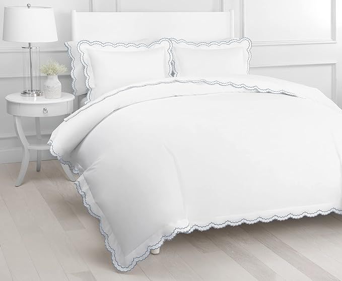 Double Scalloped Percale Weave Embroidered Twin Size White Duvet Set 300 Thread Count 100% Cotton... | Amazon (US)