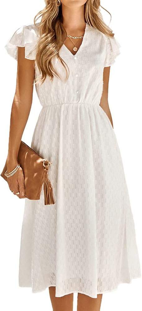 Women's Casual Loose Summer Dresses Solid Color Midi Length Ruffled Short Sleeve V Neck Sundress ... | Amazon (US)