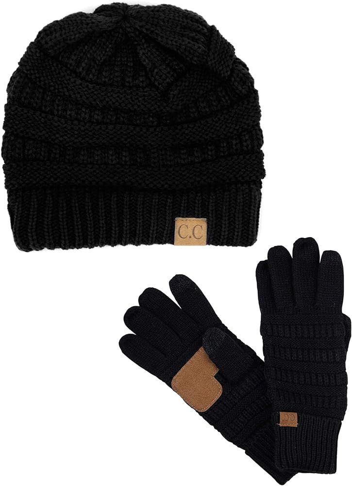 C.C Unisex Soft Stretch Cable Knit Beanie and Anti-Slip Touchscreen Gloves 2 Pc Set, Black at Ama... | Amazon (US)
