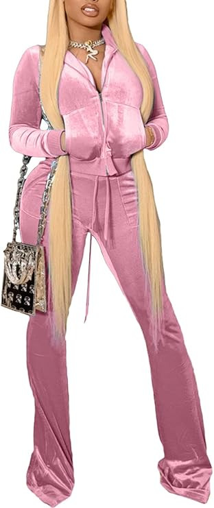 Chatinction Women's 2 Piece Outfit Velour Zip Up Crop Jacket and Bell Bottoms Long Pants with Poc... | Amazon (US)