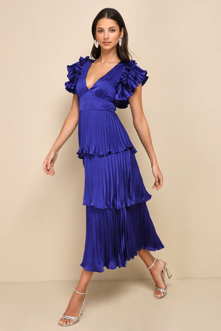 Stunning Desire Cobalt Blue Satin Pleated Tiered Midi Dress | Lulus