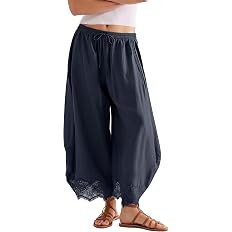 SeeLuNa Comfy Women's Pants Cropped Lace Hem Pants Summer Boho Drawstring High Rise Wide Leg Loun... | Amazon (US)