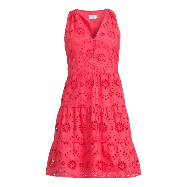 Time and Tru Women's Cotton Blend Tiered Eyelet Dress, Sizes XS-XXXL | Walmart (US)