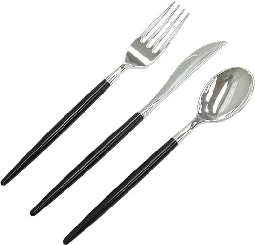 Black Silver Cutlery Set - 60pcs Plastic Utensil - Disposable Silverware Spoons, Forks & Knife Pl... | Amazon (US)