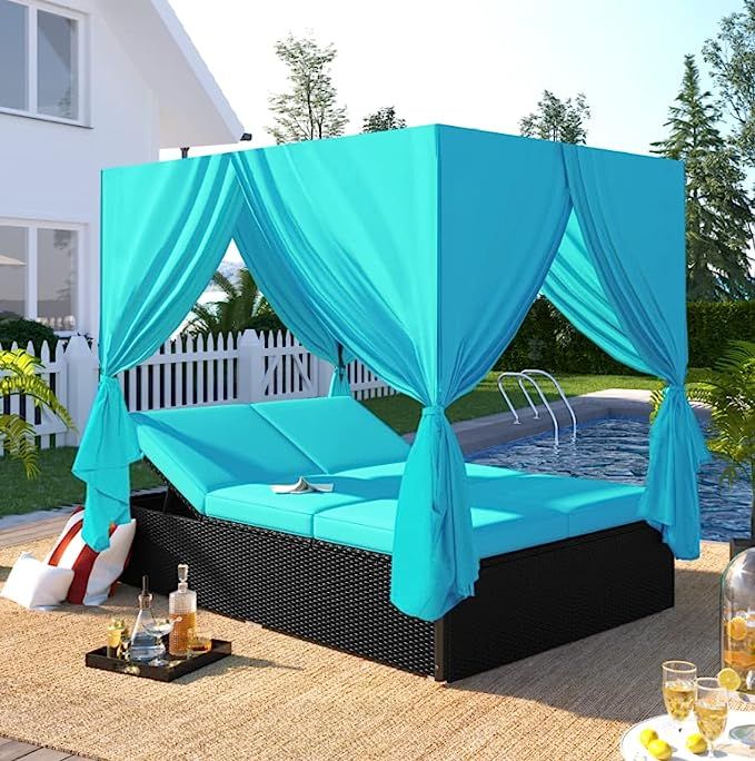 Outdoor Rattan Daybed Patio Wicker Sunbed with Canopy/Overhead Curtains/Cushions, Wicker Patio So... | Amazon (US)