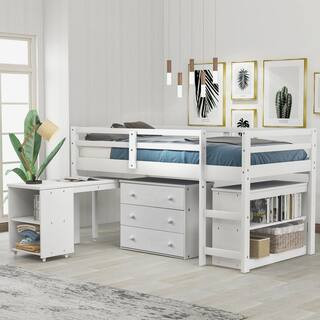 White Low Study Twin Loft Bed with Cabinet and Rolling Portable Desk | The Home Depot