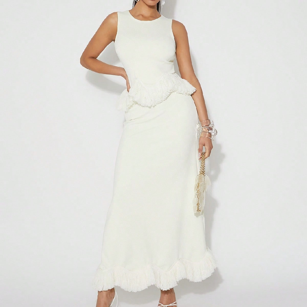 NYA SZN Off-White Elegant Maxi Skirt For Women,Autumn Fringe Trim Hem Statement Design,Perfect For Dining,Wedding Guest,Bridal,Prom,Summer Vacation & Brunch | SHEIN