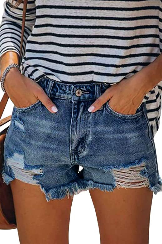 MINGALONDON Women's Denim Shorts Summer Mid Waist Ripped Raw Cut Hem Distressed Stretchy Jean Sho... | Amazon (US)