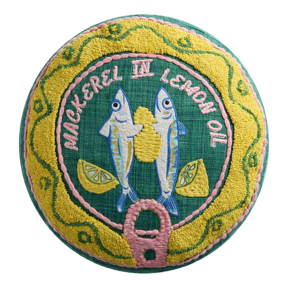 Round Yellow Mackerel Tin Shaped Indoor Outdoor Patio Throw Pillow by World Market | World Market