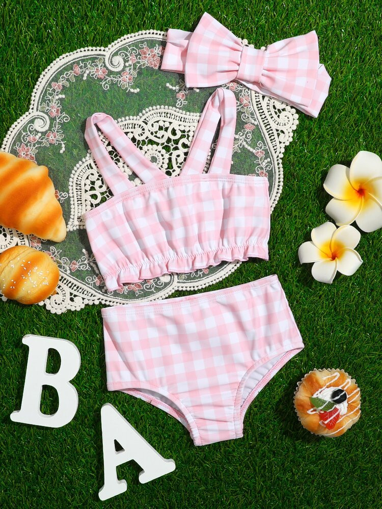 Baby Girl Plaid Frill Trim Bikini Swimsuit With Headband | SHEIN