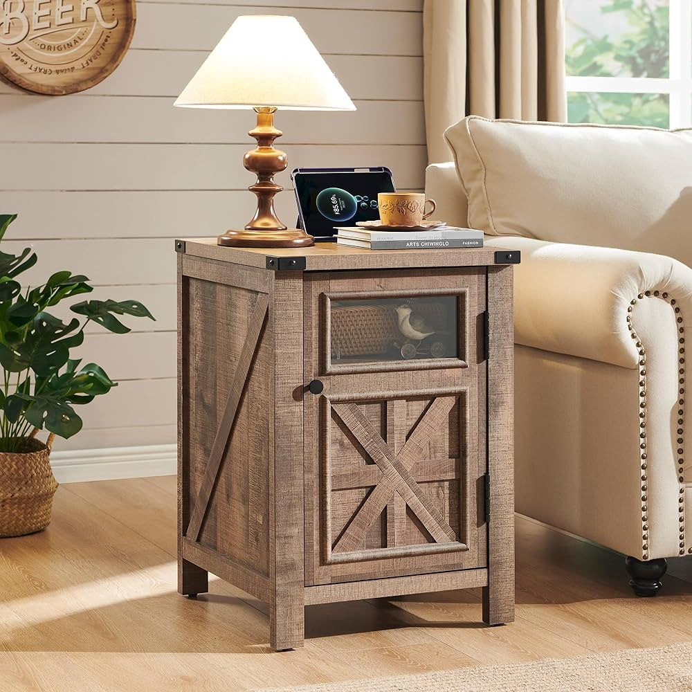 JXQTLINGMU Farmhouse End Table with Charging Station, 18'' Rustic Nightstand with Barn Door & Adj... | Amazon (US)