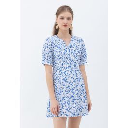 Gentle Blossom V-Neck Buttoned Mini Dress in Blue | Chicwish