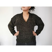 Vintage 80S Black & Gold Knit Sweater - V-Neck Shiny Jumper, Made in Italy, Size L | Etsy (US)