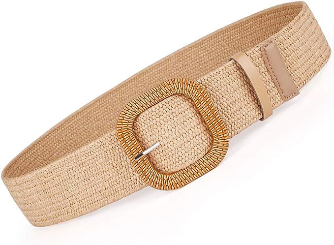 Women Belts For Dresses, Elastic Straw Rattan Waist Band With Wood Buckle | Amazon (US)