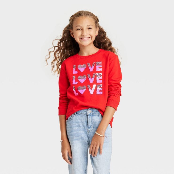 Girls' Valentine's Day 'Love, Love, Love' Pullover Sweatshirt - Cat & Jack™ Red | Target