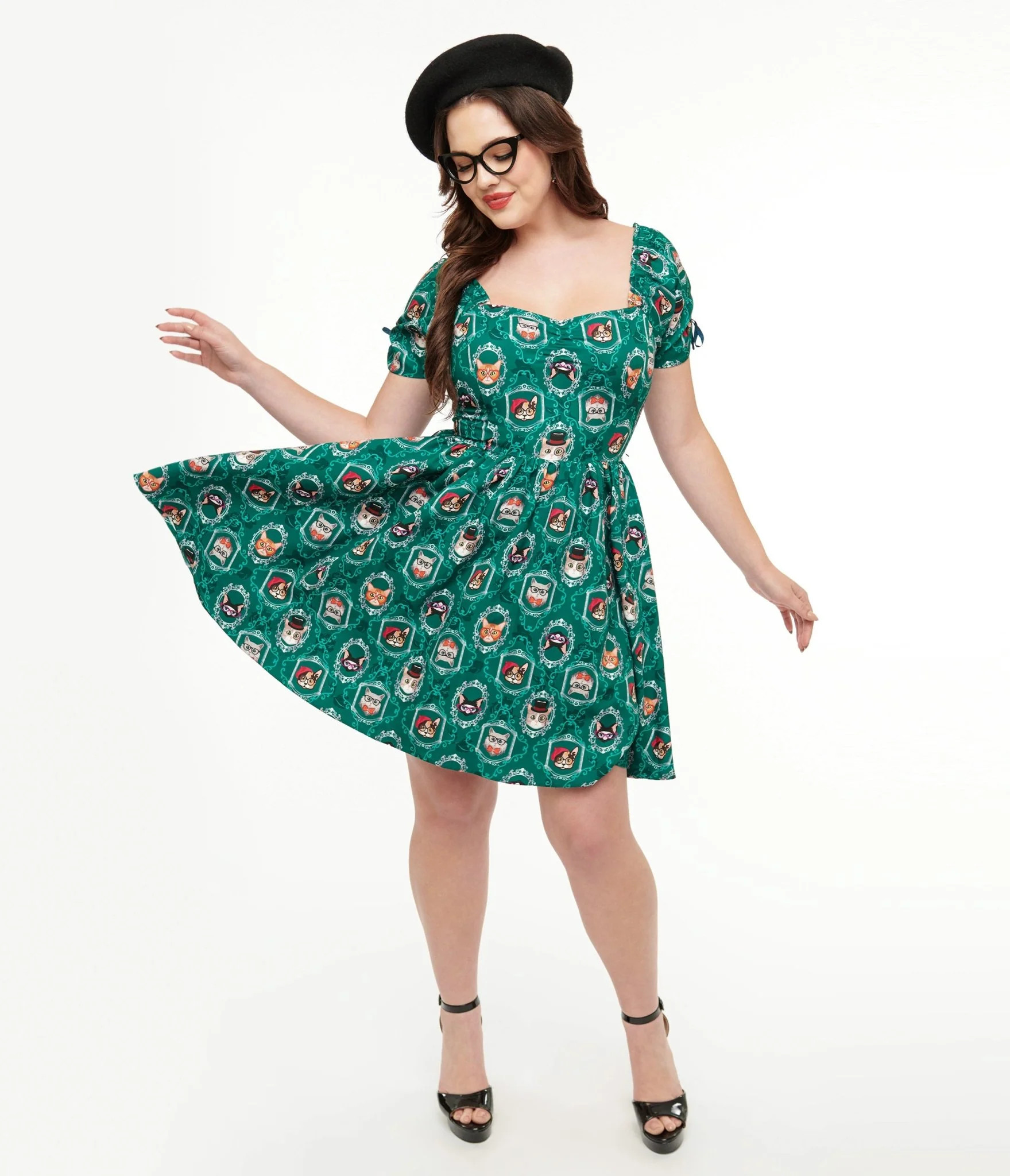 Unique Vintage 1950s Teal Cat Print Swing Dress | UniqueVintage