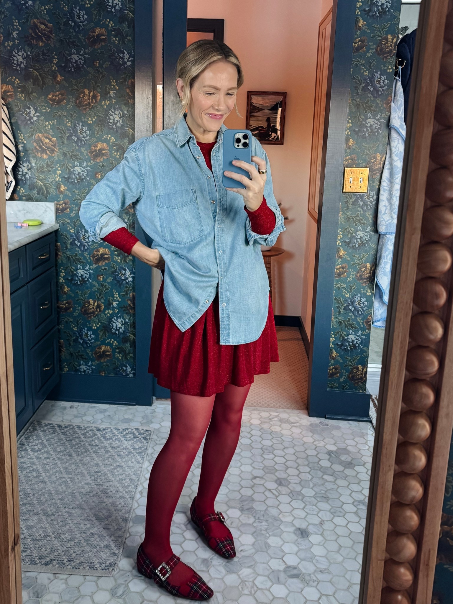 Red shimmer dress styled casual for holiday hosting but would be an amazing New Year’s Eve style. Wearing my regular size small, code YOUROCK at Tuckernuck. I’m 5’3” so petite friendly Shoes are last season but linked similar. 
xo, Claire 

#LTKSaleAlert #LTKPetite #LTKootd