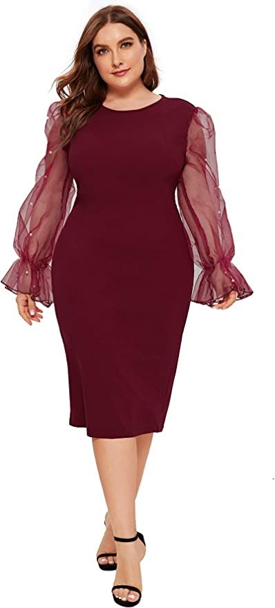 SheIn Women's Plus Size Elegant Mesh Contrast Pearl Beading Sleeve Stretchy Bodycon Pencil Dress | Amazon (US)