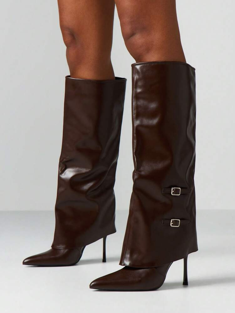 MISSGUIDED Pointed Toe Knee High Boots With Buckle Details And Stiletto Heel For Fall Winter Fashion For Christmas | SHEIN