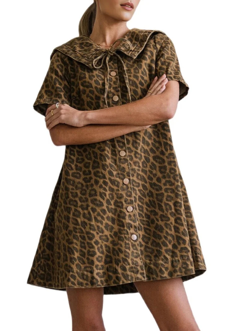 Women'S Leopard Print Denim Dress Short Sleeve Sailor Collar Button Down A Line Mini Casual Dress... | Walmart (US)