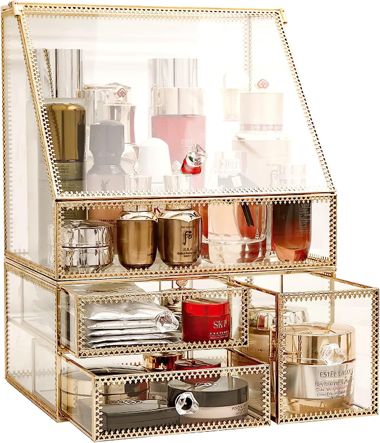 CONHENCI Large Glass Makeup Organizer Drawer Set Beauty Storage Bathroom Counter Organizer Cosmet... | Amazon (US)