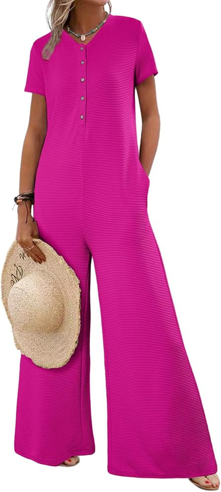 BLENCOT Casual Striped Short Sleeve Jumpsuits Rib Knit Wide Leg Romper Comfy Button Down Rompers | Amazon (US)