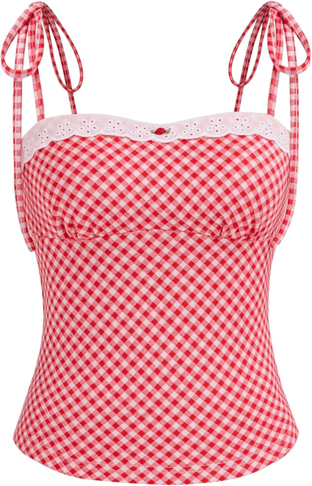 CIDER Square Neck Gingham Rosette Knotted Crop Top: Red, XL at Amazon Women\u2019s Clothing store | Amazon (US)