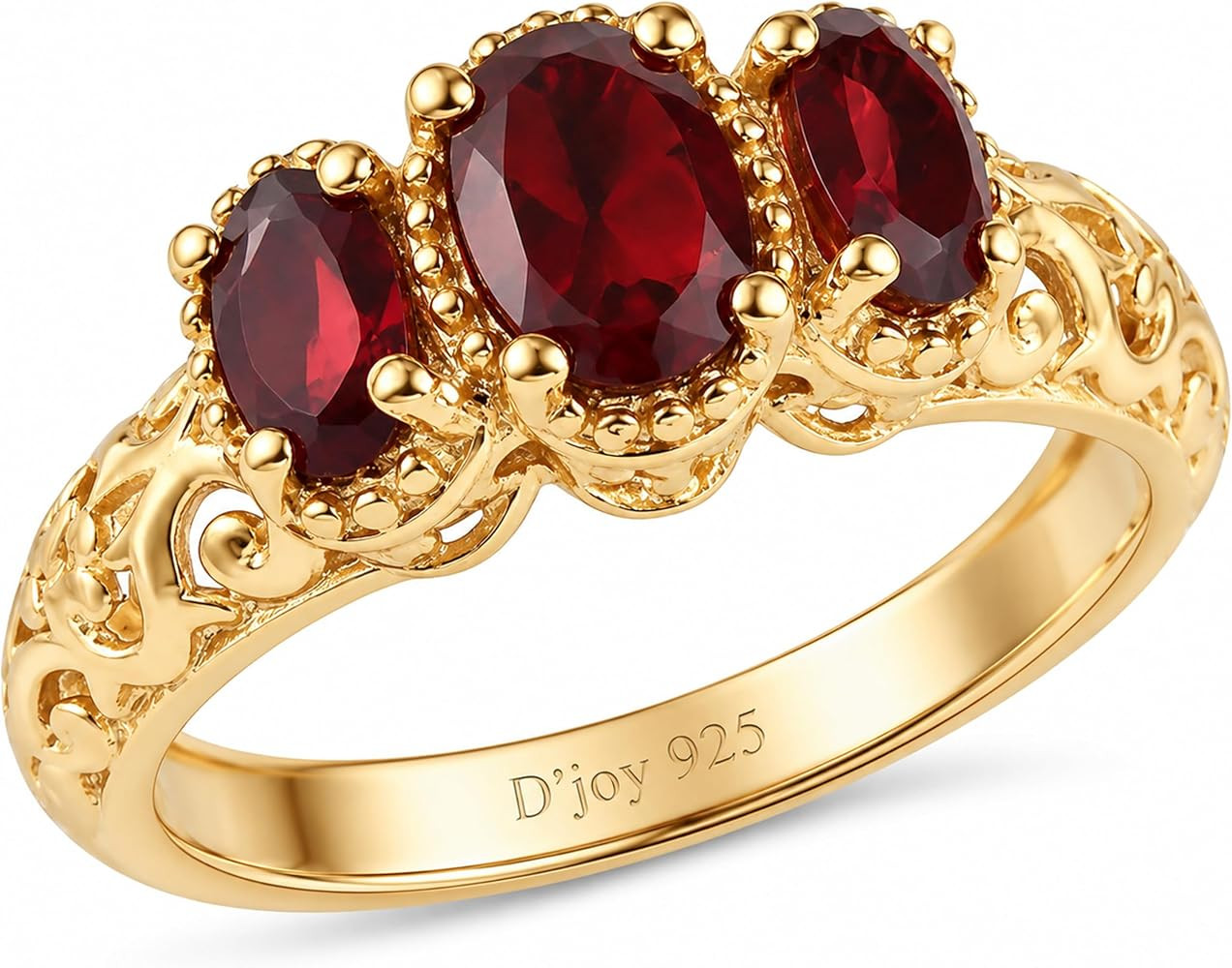 3 Stone Garnet Ring Silver with 14K Gold Plating January Birthstone Ring | Amazon (US)