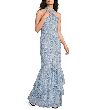 Lauren Ralph Lauren Paisley Crinkle Georgette Halter Gown -  14 | Dillard's