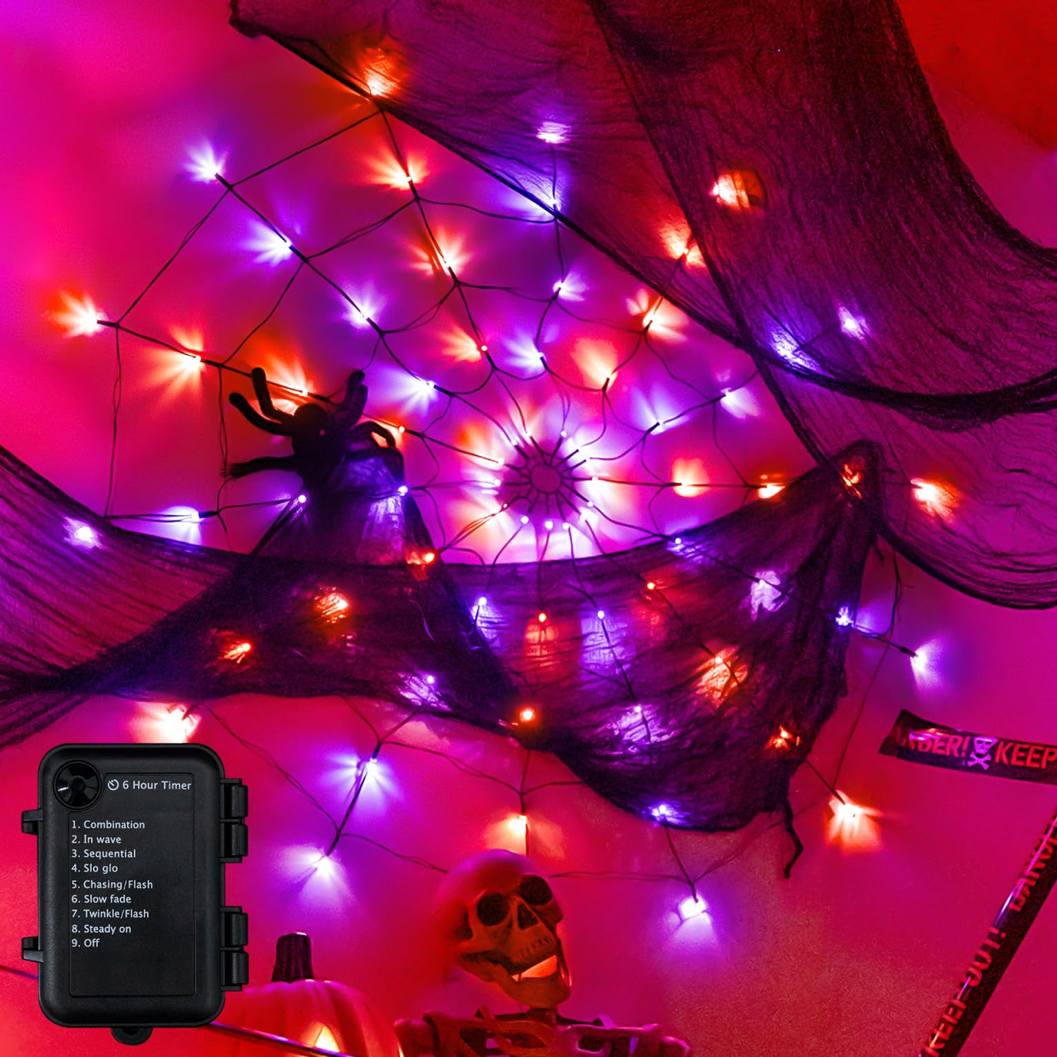 Ollny Spider Web Decoration 4FT 70 LED, Orange and Purple Halloween Lights with Black Spider Batt... | Amazon (US)