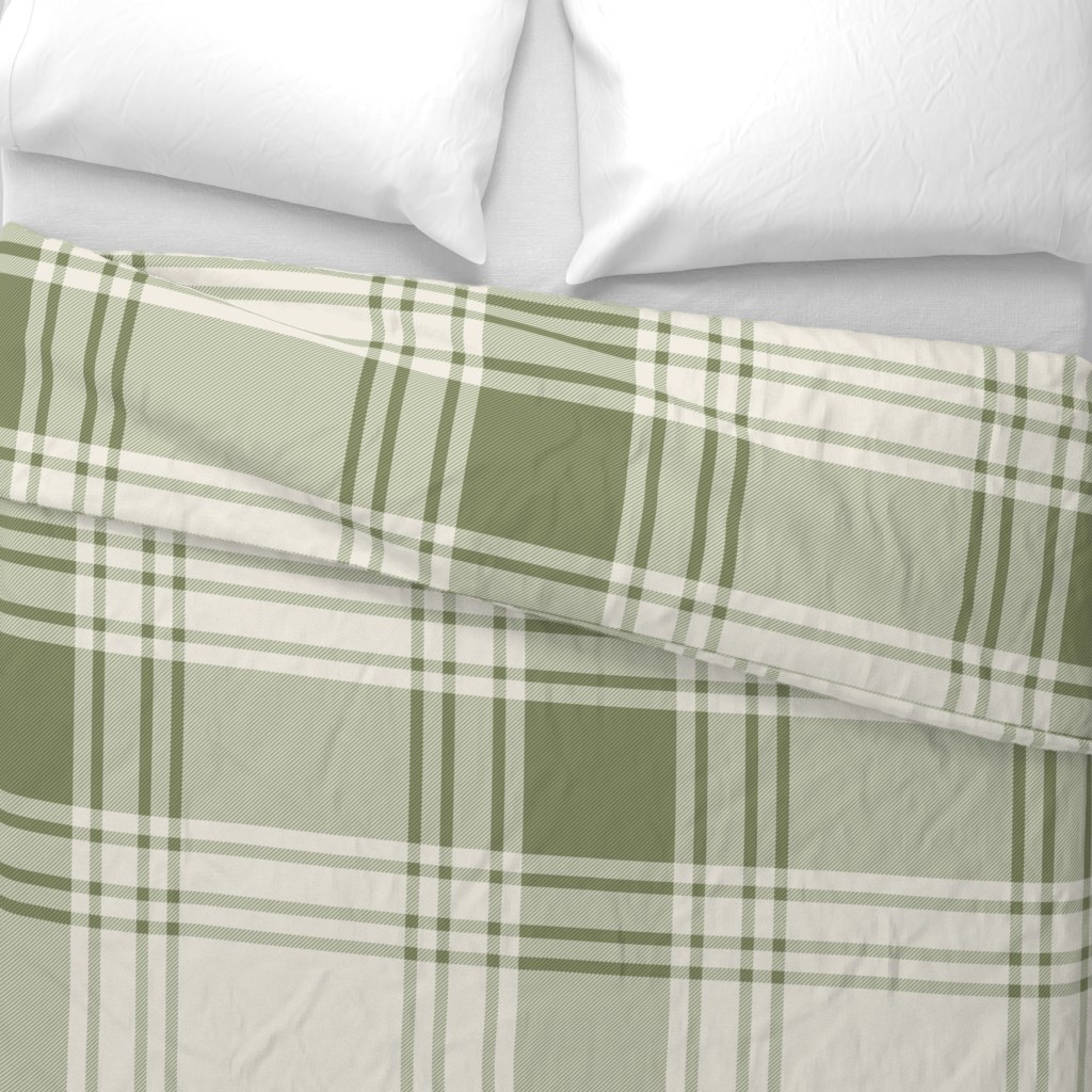 Duvet Cover in JUMBO simple plaid - creamy white & light sage green - heritage farmhouse | Spoonflower