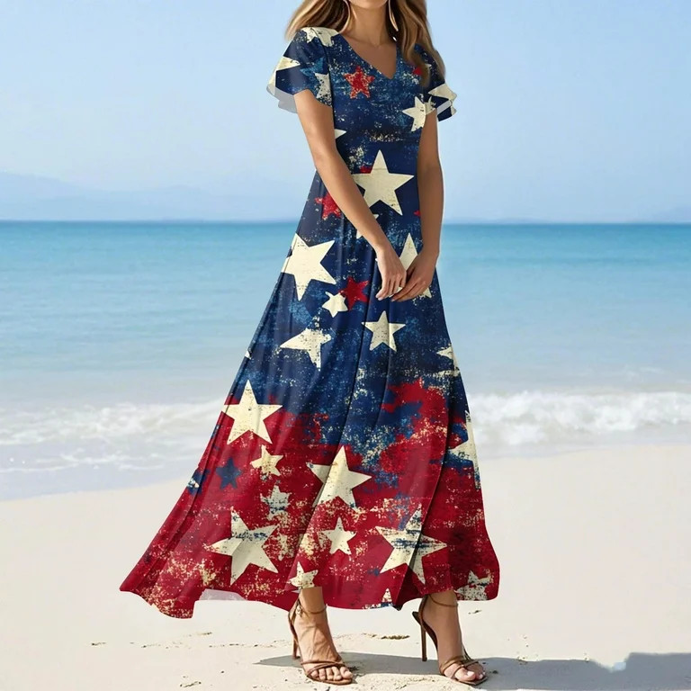 SAATLERI 4th of july Dress for Women American Flag Dress A-Line Summer V Neck Short Sleeve Americ... | Walmart (US)