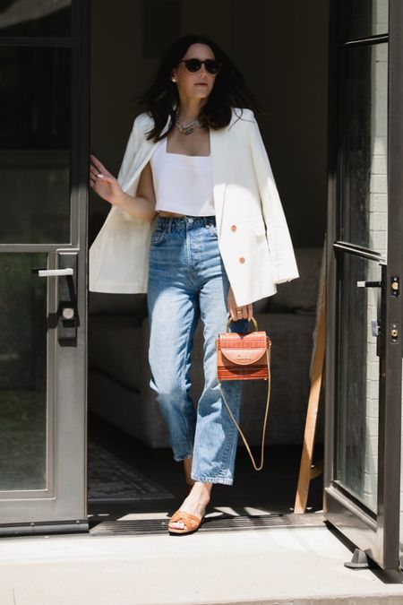 Styling this white blazer with reformation jeans and linen crop blouse is the perfect summer outfit for date night 

#LTKFind #LTKshoecrush #LTKstyletip